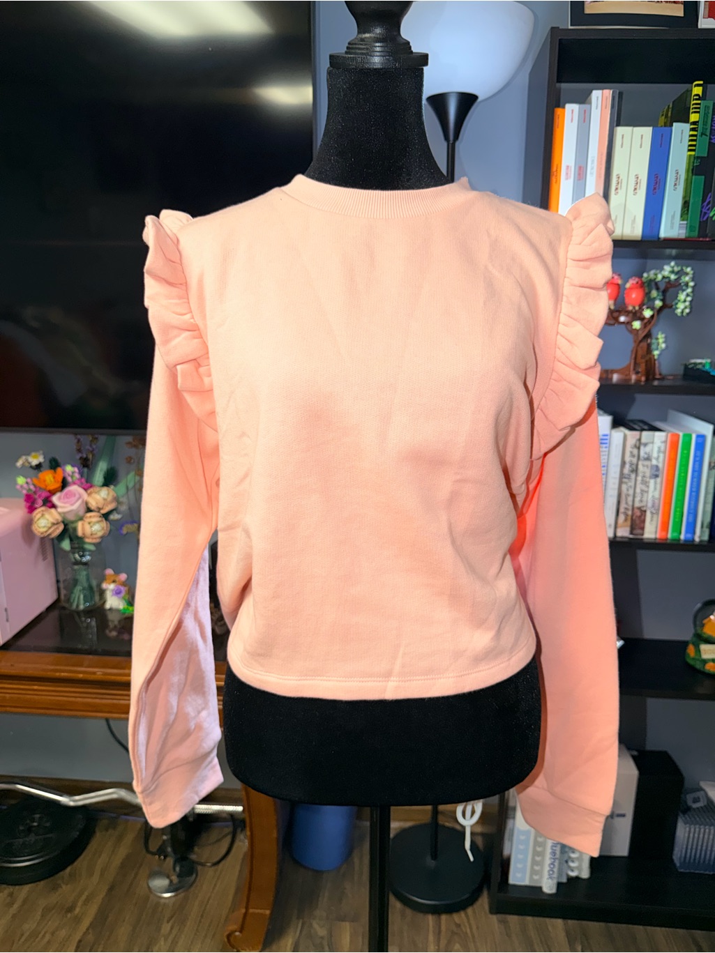 Zara Peach Ruffle-Shoulder Crewneck Sweatshirt